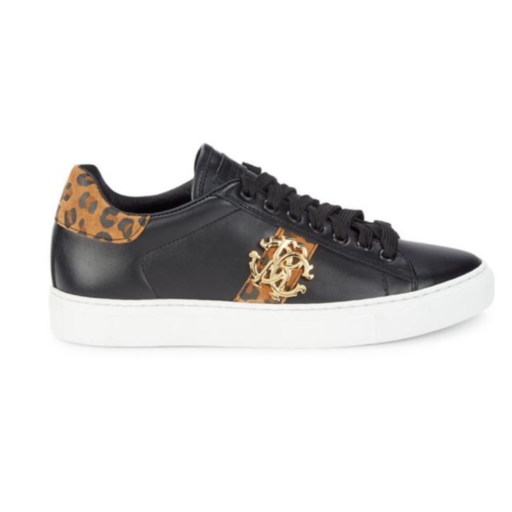 ROBERTO CAVALLI Logo Leopard-Trim Suede & Leather Sneakers New Size 38